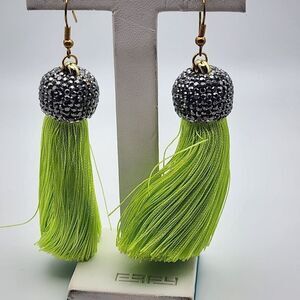 NWOT Molly Phillips Jacqueline Bright Green Tassel & Rhinestone Earrings